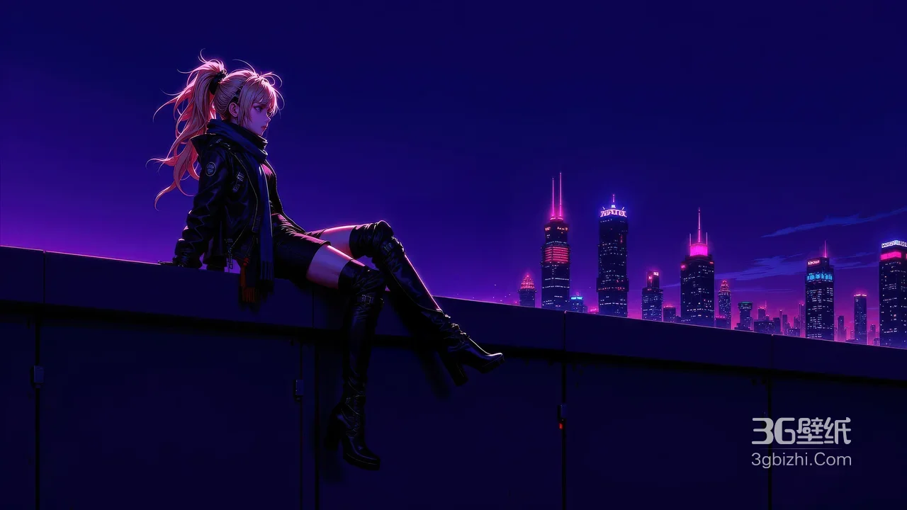 赛博朋克风二次元少女·都市霓虹夜景 宽屏车机壁纸1