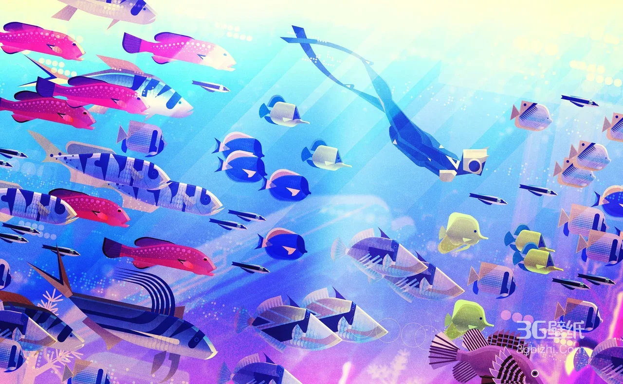 游戏ABZÛ海底鱼类群游 梦幻扁平插画海洋宽屏壁纸1