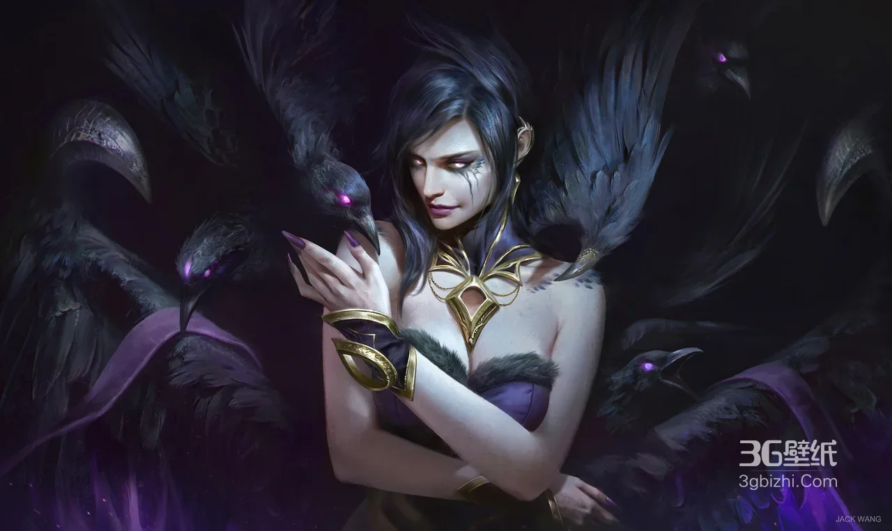 暗黑奇幻风·渡鸦环绕的神秘女角色 紫金暗黑电脑壁纸1