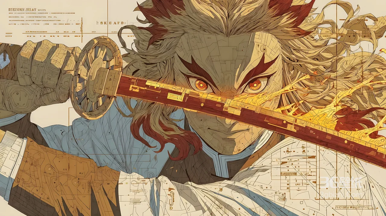 炼狱杏寿郎·炎之日轮刀线稿风 鬼灭之刃宽屏壁纸1