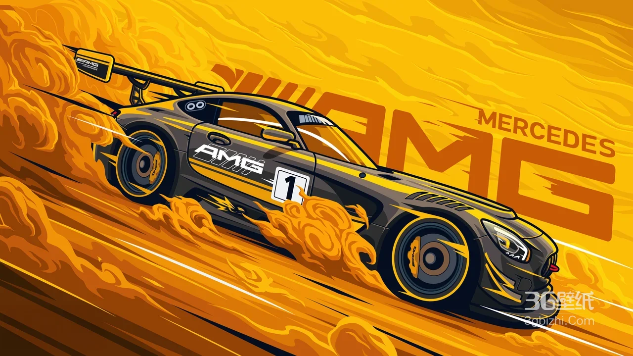 梅赛德斯AMG赛车·动感插画风·竞速火焰宽屏车机壁纸1