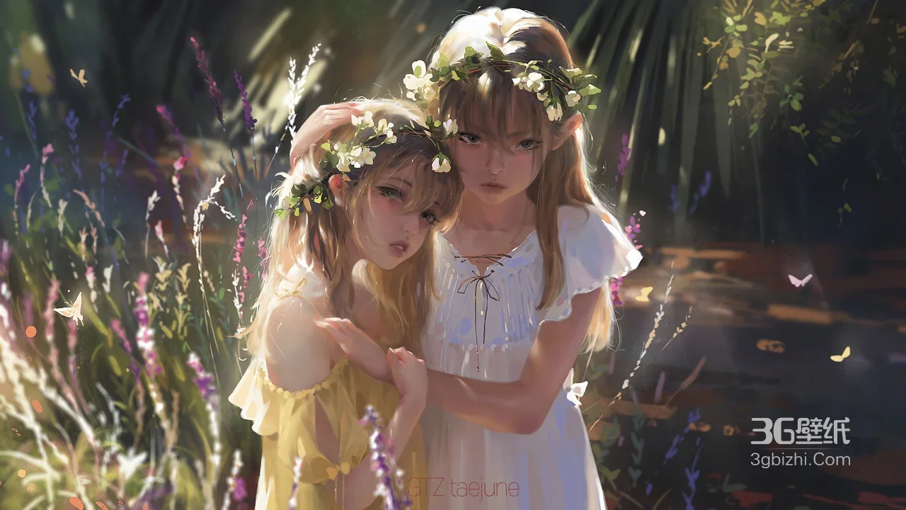 双女孩·花环森系 唯美写实GTZ taejune插画 宽屏电脑壁纸1