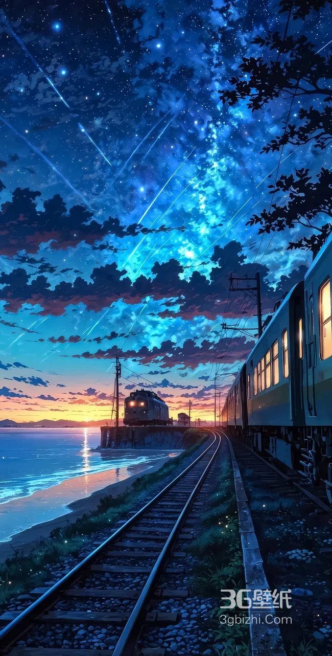 海边铁道星空列车 唯美日系新海诚风动漫壁纸 超美星空列车1