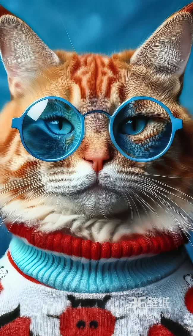 橘猫·蓝圆眼镜红毛衣·写实拟人萌宠壁纸1