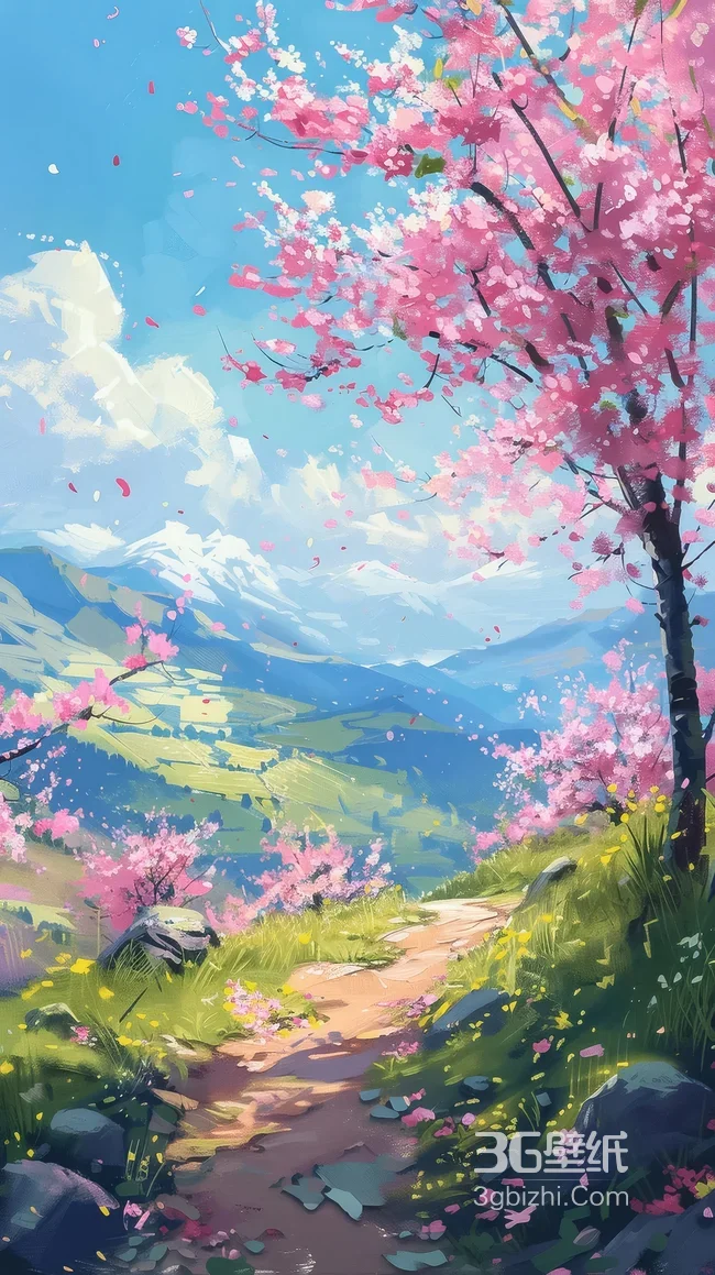 樱花山谷雪山小径 唯美油画风 治愈春日风景壁纸1