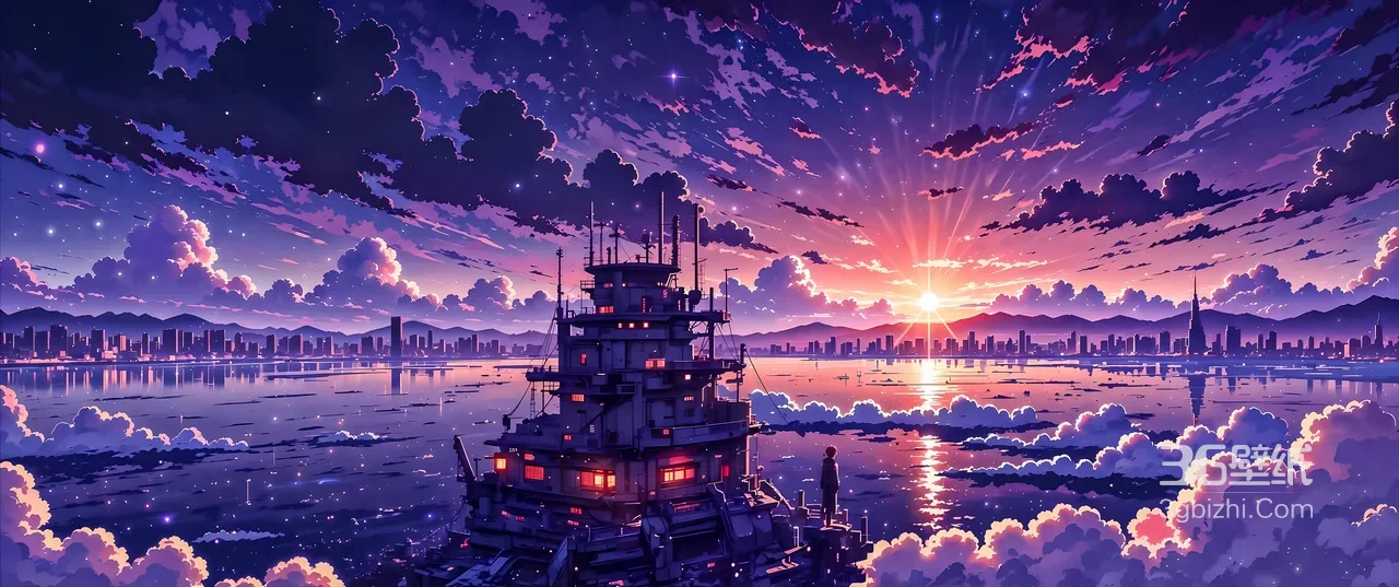 海上战舰·城市日落云海·唯美动漫风电脑壁纸（二次元插画高点击）1