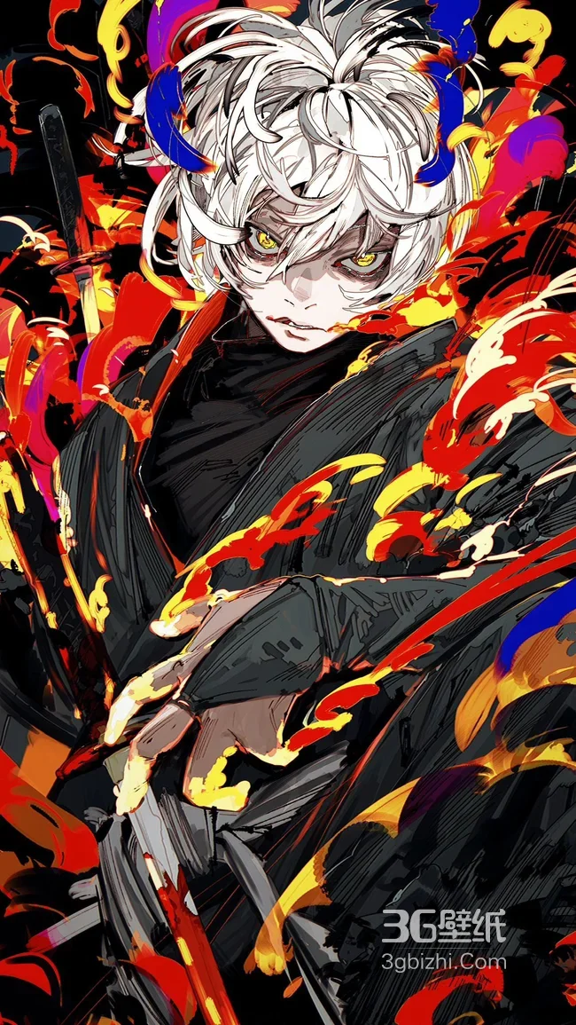 白发蓝角武士·火焰环绕 暗黑热血日系动漫高人气壁纸1