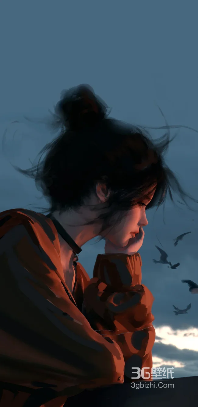 沉思女生·发丝飞扬写实风 黄昏飞鸟手机壁纸1