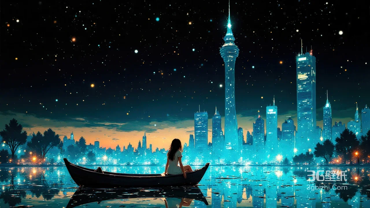 女孩小舟观赛博都市夜景·梦幻插画 电脑壁纸1