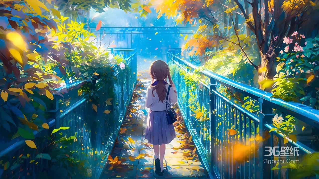 JK少女·林荫桥路 唯美二次元插画 秋季校园电脑壁纸1