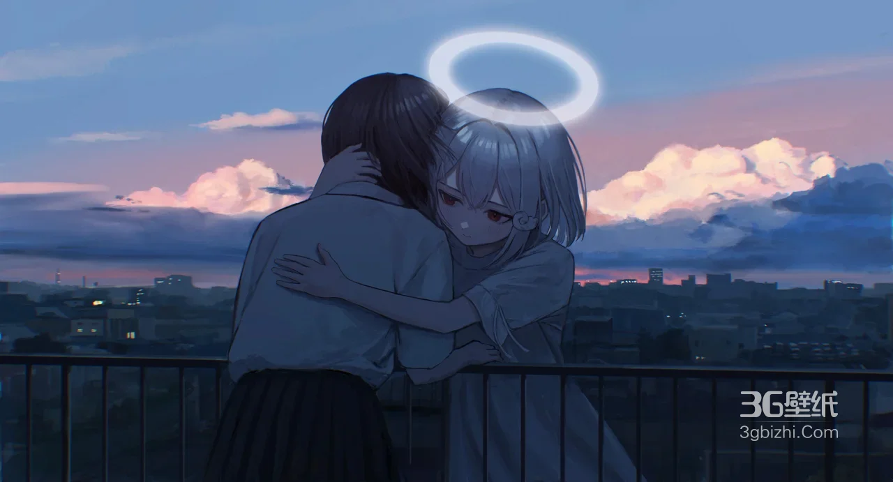 光环少女·拥抱同伴 城市黄昏唯美二次元动漫桌面背景1
