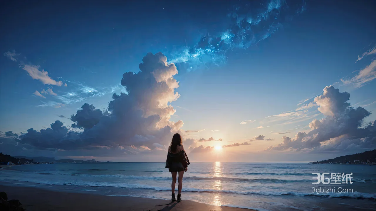 唯美海边日落背影少女·治愈海景电脑壁纸1