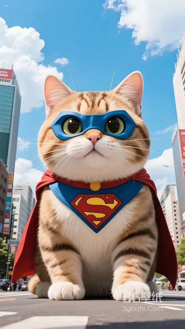 超人装扮猫咪·写实风 城市街道萌系英雄壁纸1