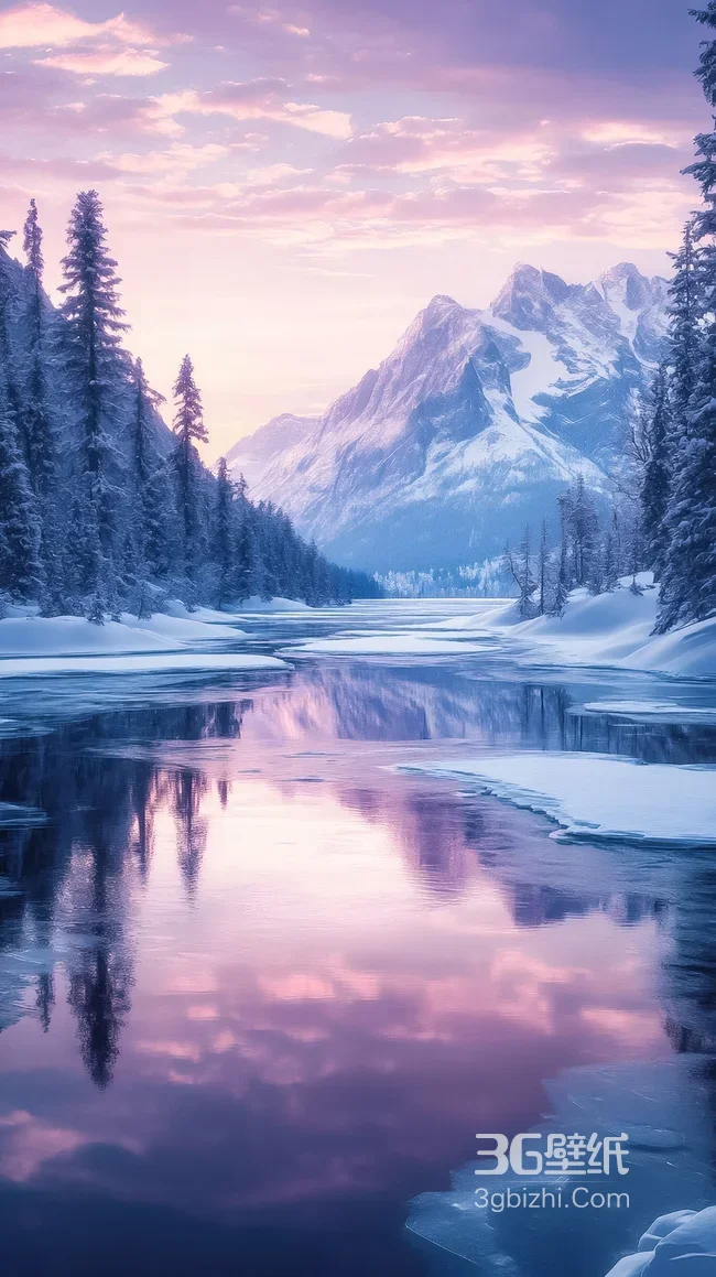 雪山湖泊雪林·唯美梦幻·冬季雪景意境手机壁纸1