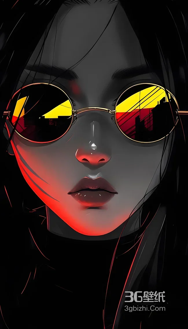 暗黑插画风戴圆形墨镜人物·红黄渐变光效 赛博风手机壁纸1