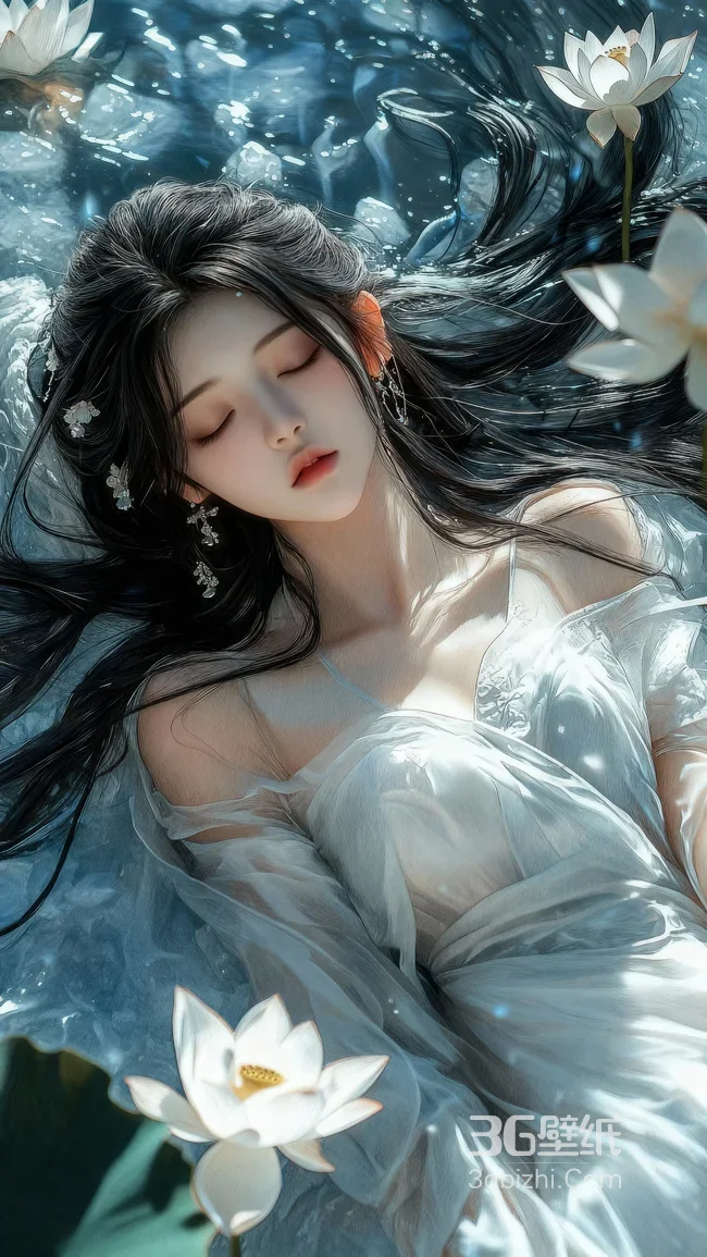 古风女子·莲池寐卧 唯美国风意境手机壁纸1