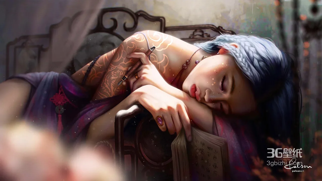 蓝发纹身女子·执笔倦睡书卷 唯美国风插画 电脑壁纸精选1