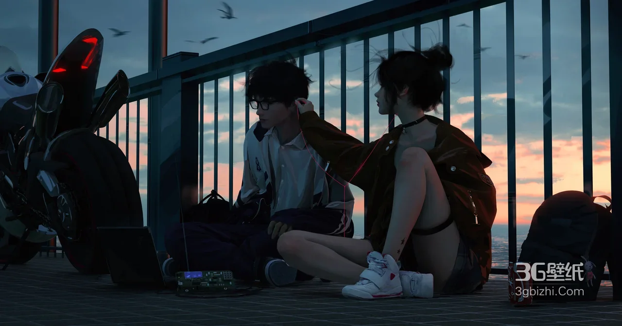 黄昏海边耳机共享·眼镜帅哥摩托宽屏电脑壁纸1