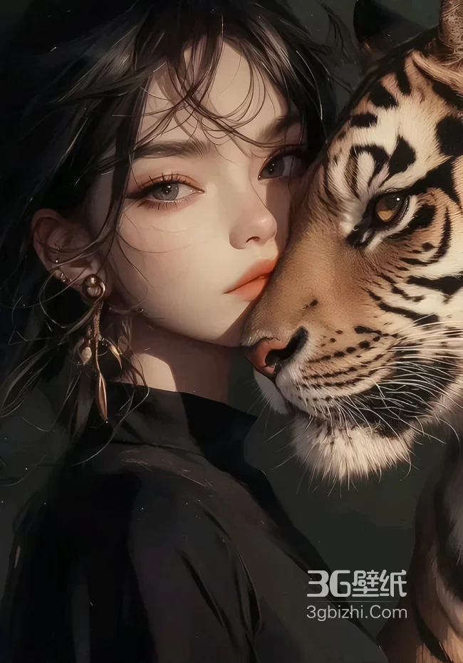 人物与虎·写实唯美插画·氛围感手机壁纸1