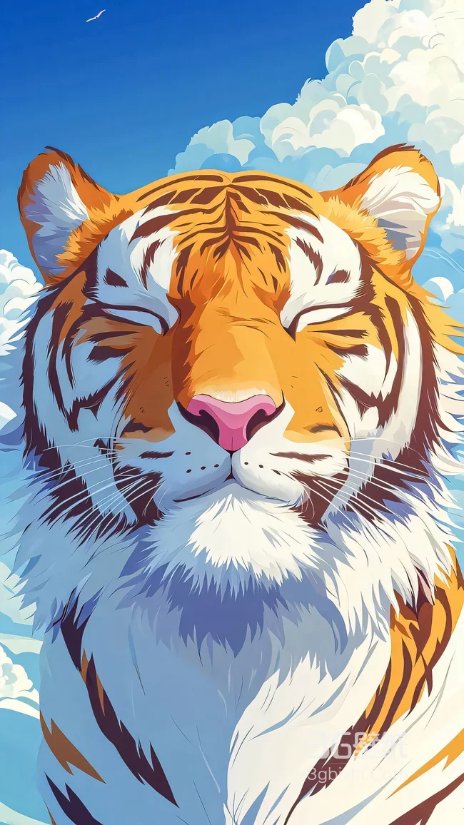 闭眼老虎·治愈系清新风 蓝天背景手机壁纸1