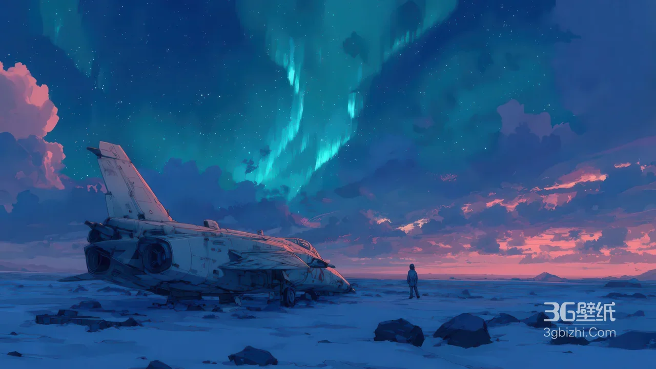 雪地废弃战机与孤寂行者 极光黄昏唯美科幻风 电脑壁纸1