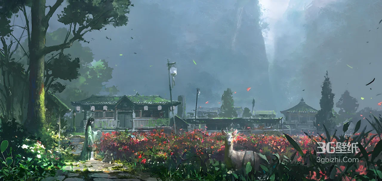 国风唯美古风场景 古装女子花海遇鹿 古风电脑壁纸1