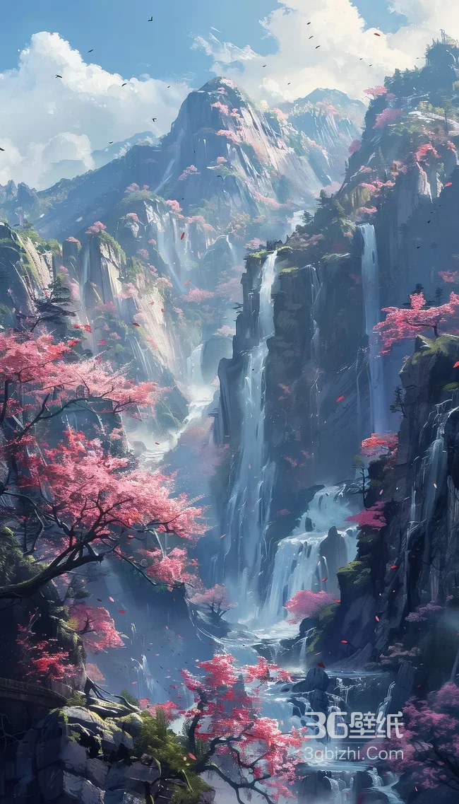 仙侠山水樱花瀑布·唯美国风手机壁纸（诗意山水壁纸）1