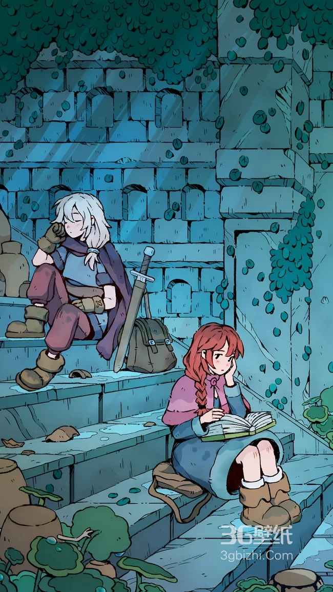 国漫治愈风 白发休憩+红发读书 石梯秘境冒险壁纸1