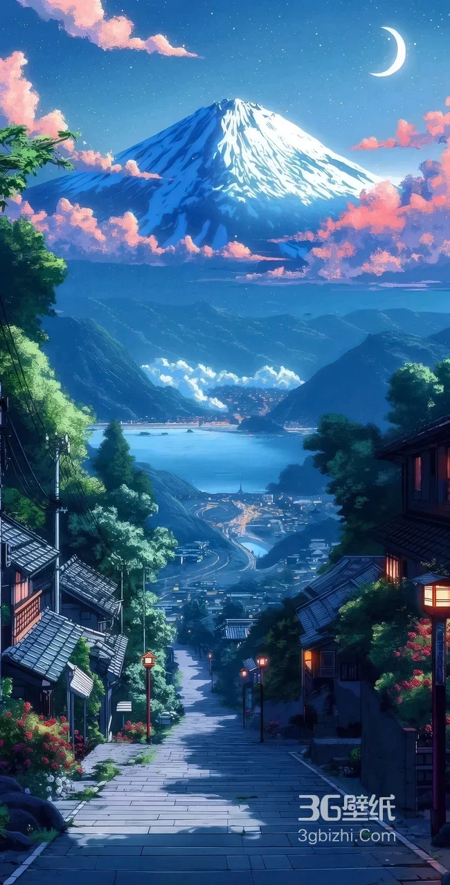 二次元唯美富士山日式小镇月夜 日系静谧风景壁纸1