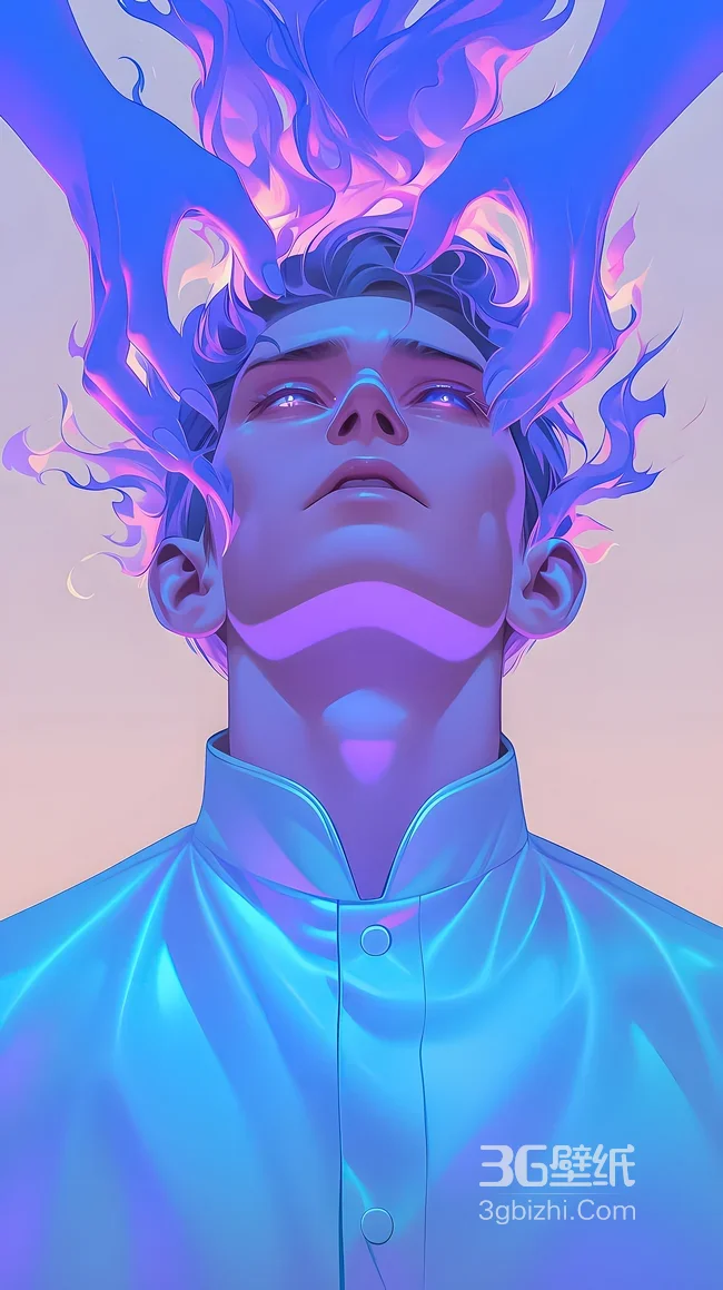 神秘人物·霓虹火焰双掌抚头 赛博渐变风热门手机壁纸1