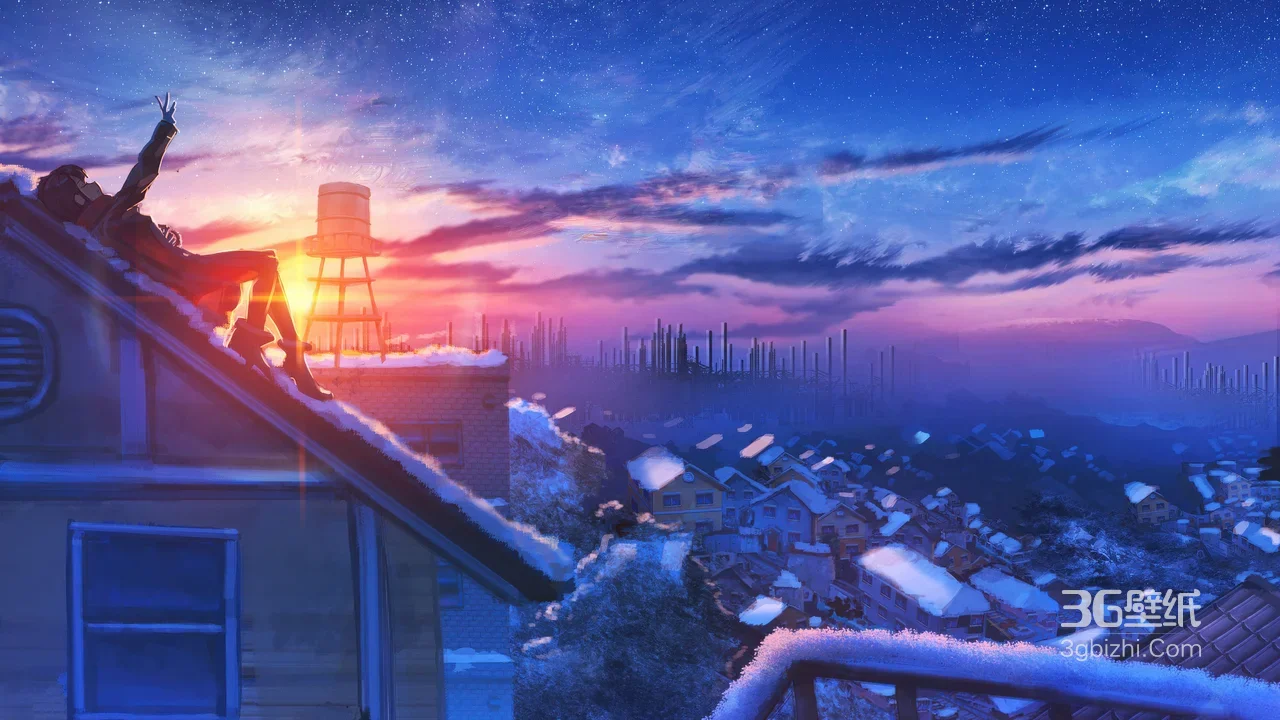 屋顶人物·雪镇日落星空 二次元唯美动漫电脑壁纸1