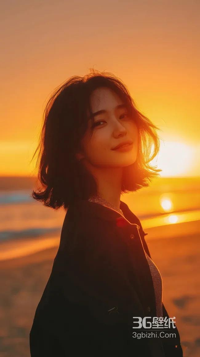 海边日落短发少女·唯美暖调治愈系手机壁纸推荐1