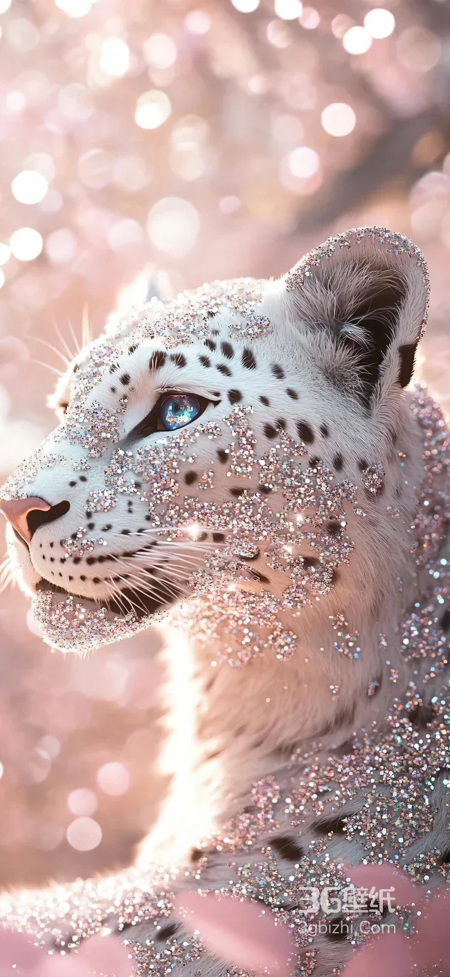 雪豹·闪钻装饰蓝瞳 唯美梦幻粉色光斑手机壁纸1