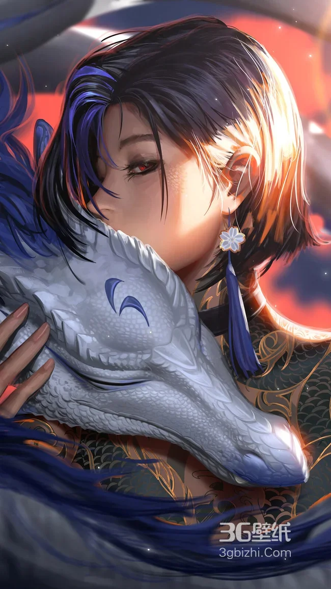 国风写实·短发红瞳人物拥白龙 古风玄幻壁纸推荐1