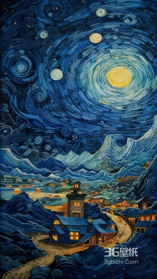 梵高风格星空山村 艺术笔触手机壁纸1