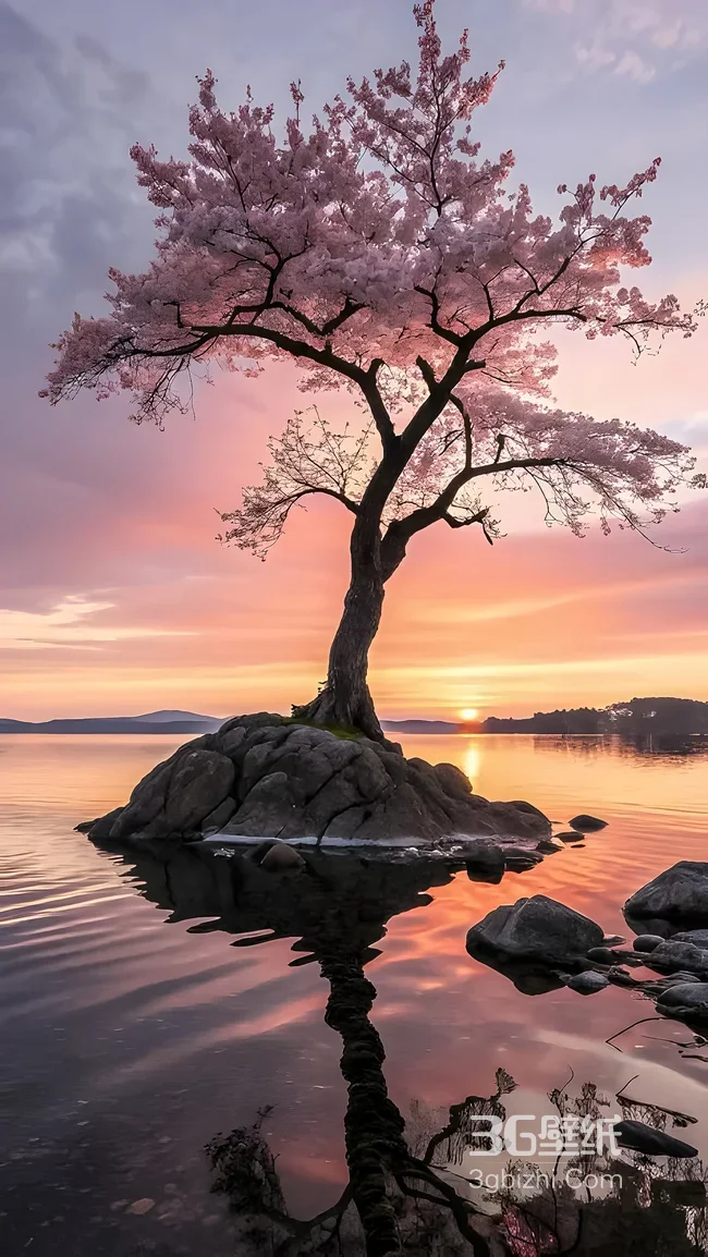 孤岩樱花树·日落湖景唯美风 治愈系手机壁纸1