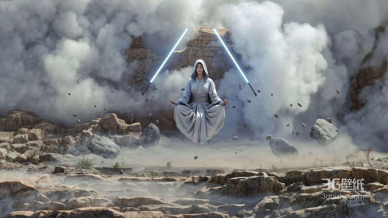 星战风格绝地武士·双光剑冥想悬浮 岩石烟雾写实科幻电脑壁纸1