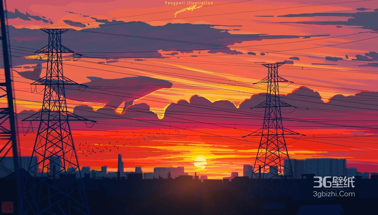 城市日落鲸鱼云线塔·Fangpeii插画宽屏壁纸1
