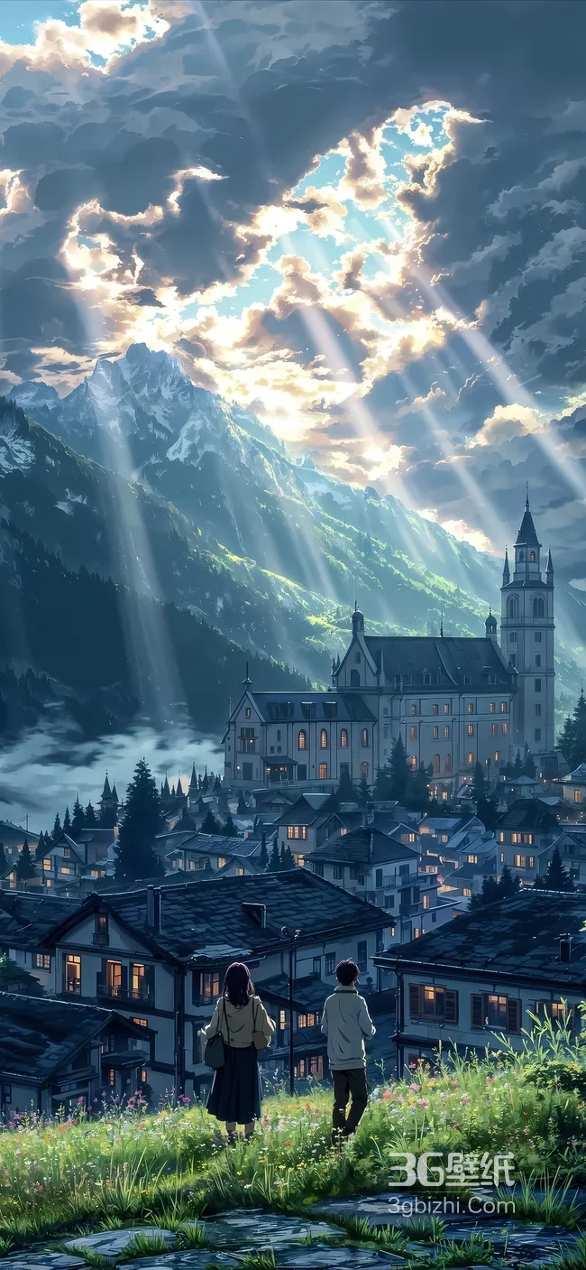 二次元唯美山间城堡小镇霞光双人眺望 动漫风治愈系壁纸1