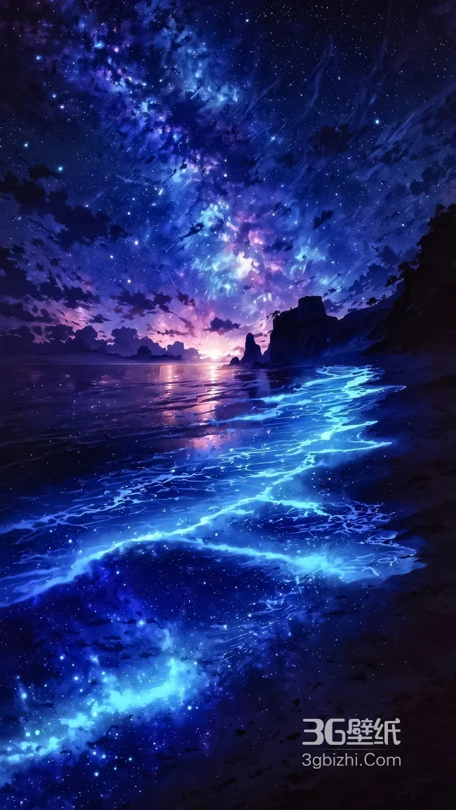 海岸星空荧光浪·梦幻星云 唯美治愈超美夜景手机壁纸1