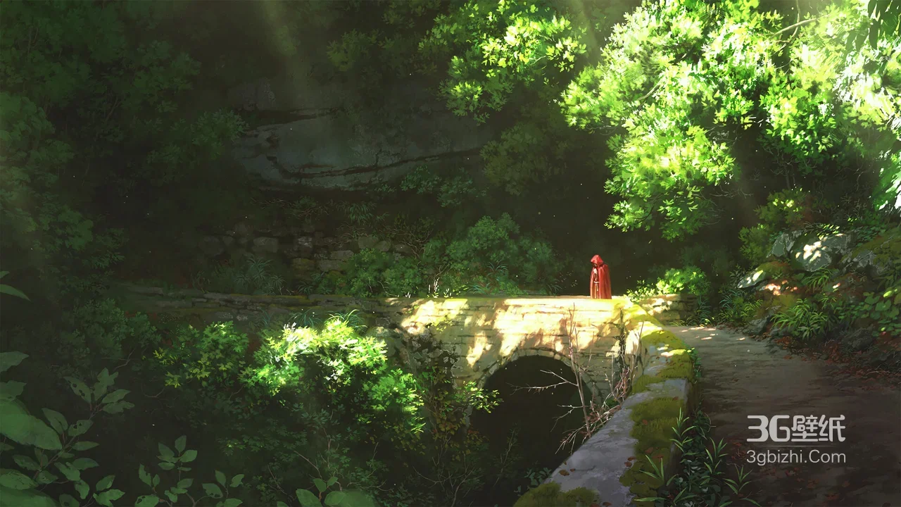 红斗篷人物·森林石桥 唯美动漫风 森系秘境电脑壁纸1