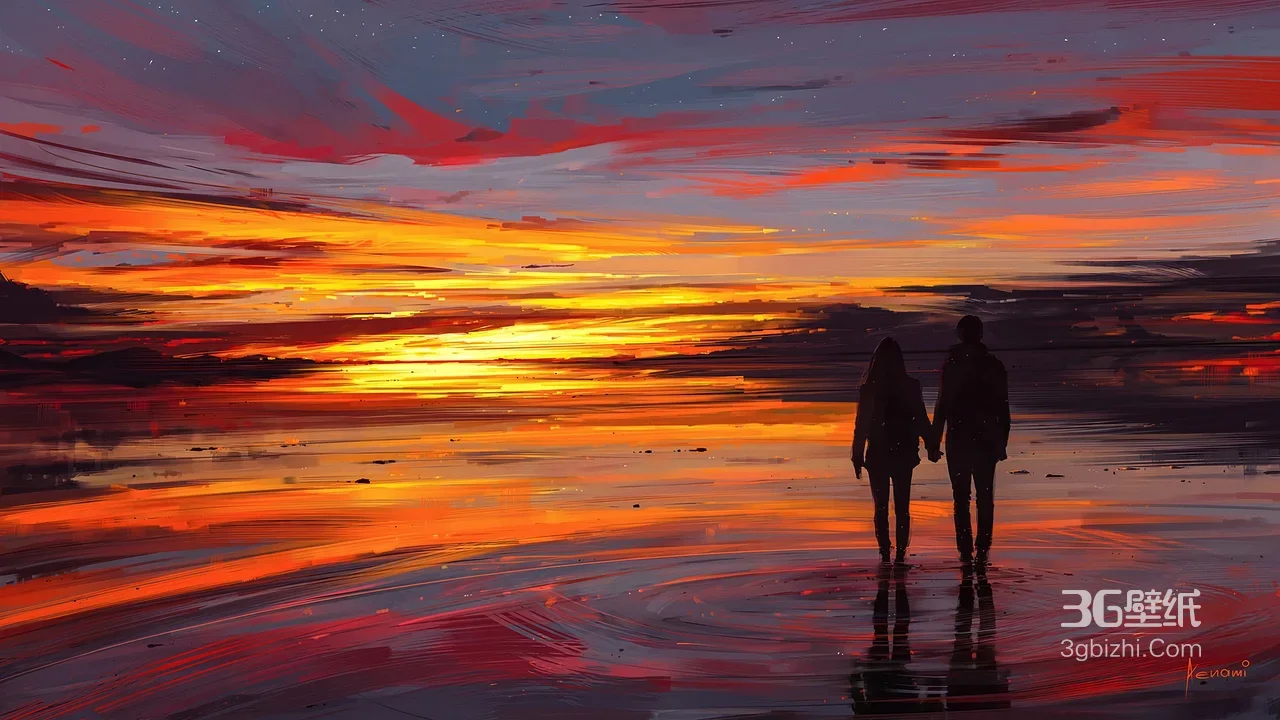 情侣剪影·海边日落唯美油画风 超宽屏电脑壁纸推荐1