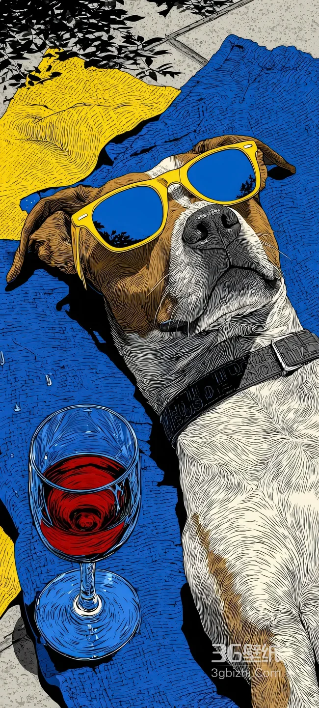 躺卧度假狗狗·美式漫画风·墨镜红酒杯手机壁纸热款1