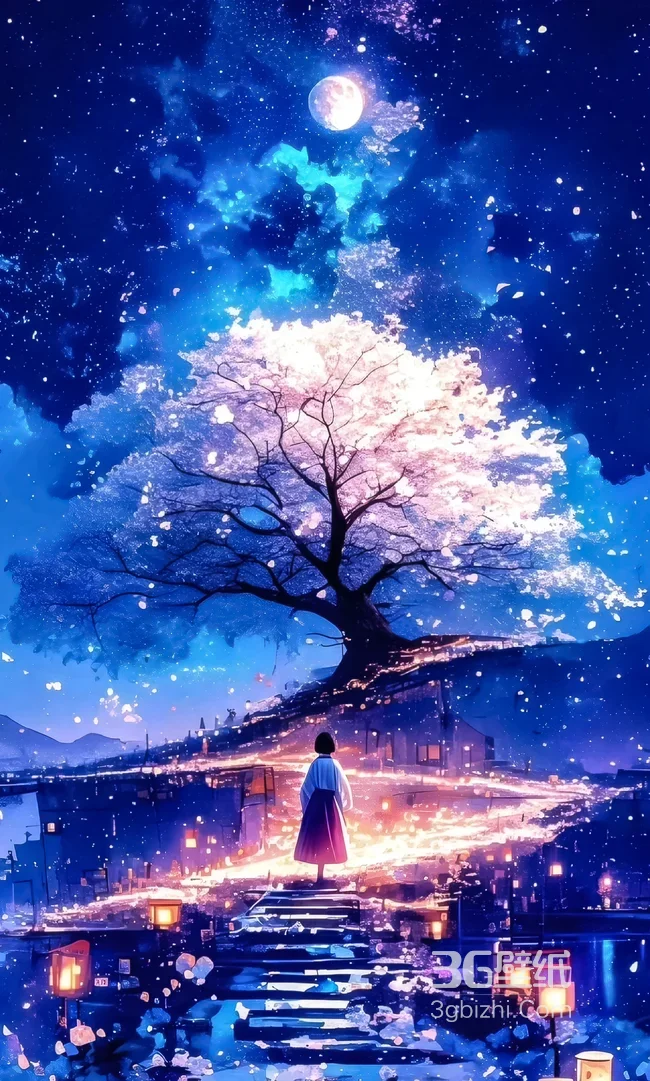 月夜樱花树·女孩背影 唯美梦幻二次元手机壁纸（治愈系）1
