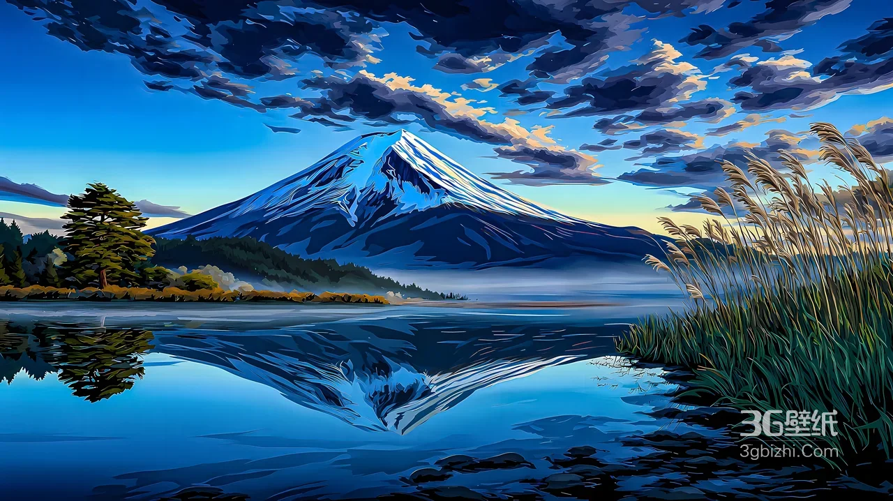 富士山·湖光倒影 唯美插画风 高清桌面背景1