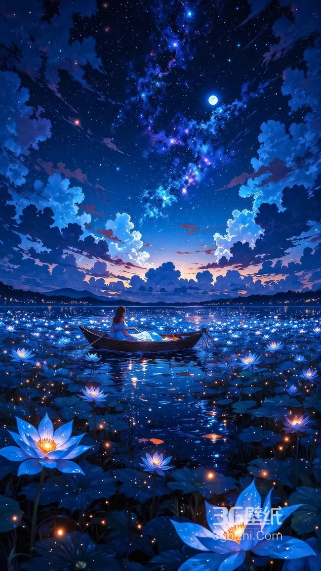 二次元唯美女孩莲池扁舟星空月夜壁纸1