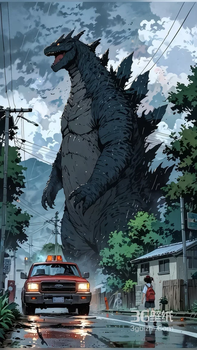 哥斯拉·雨天街道降临 日系动漫风 影视怪兽壁纸（热门怪兽主题壁纸）1