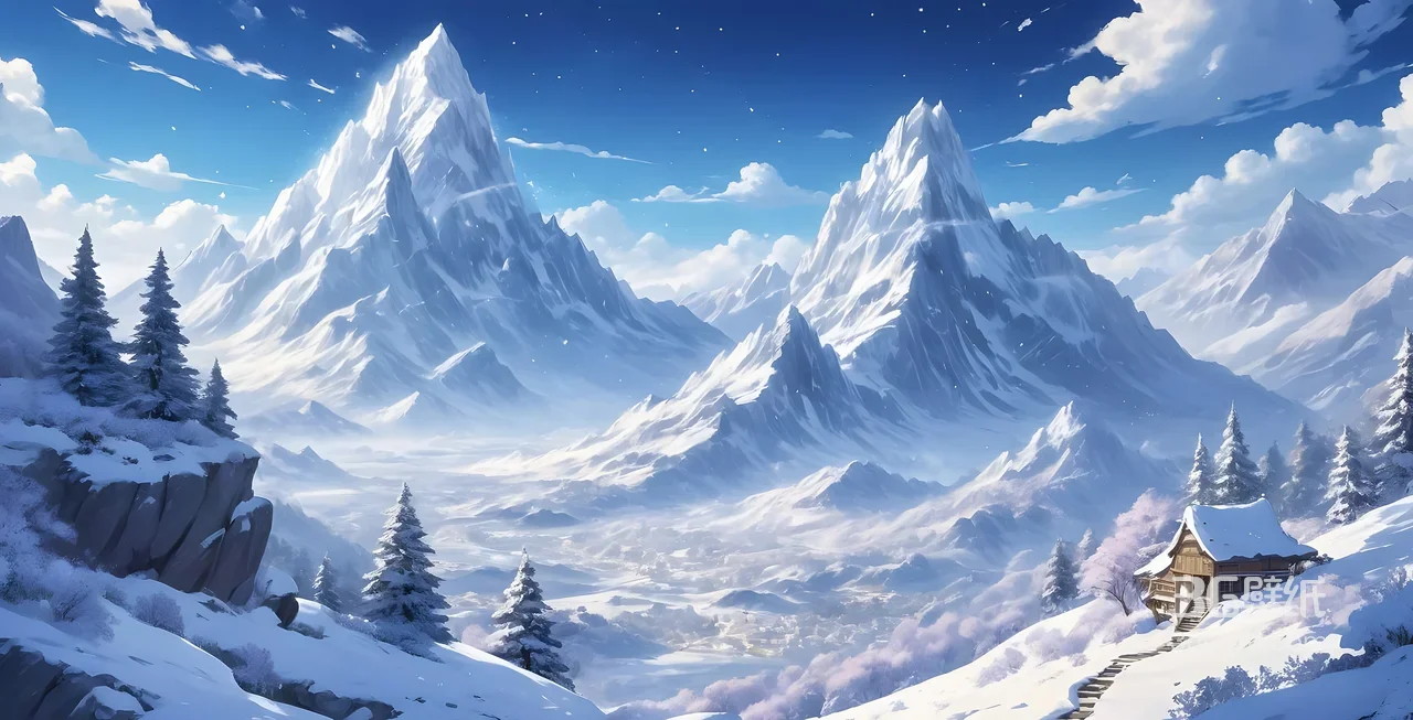 唯美二次元雪山松屋雪景 超宽屏车机电脑壁纸1