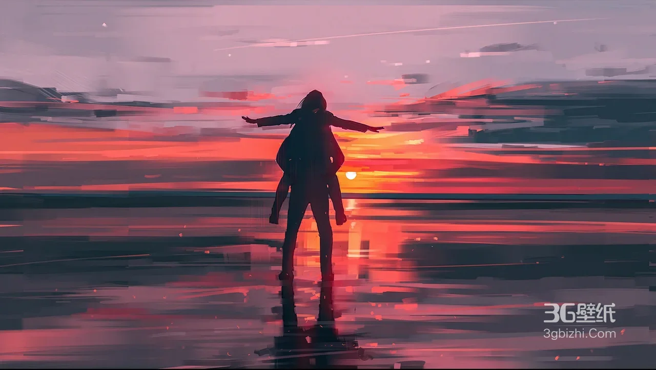 双人剪影背驮互动 唯美暖红日落插画 宽屏电脑壁纸1