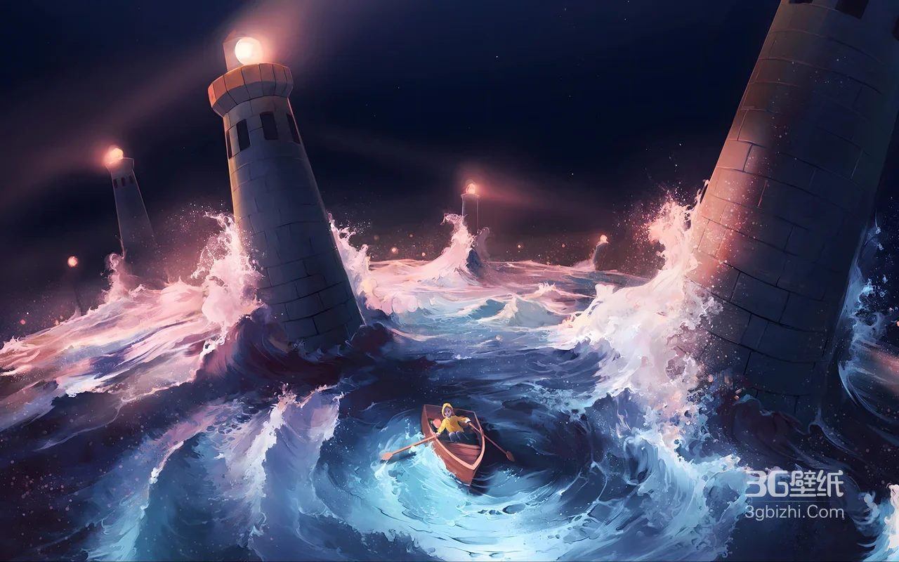 孤舟破浪灯塔群·梦幻唯美插画 深海冒险电脑壁纸1